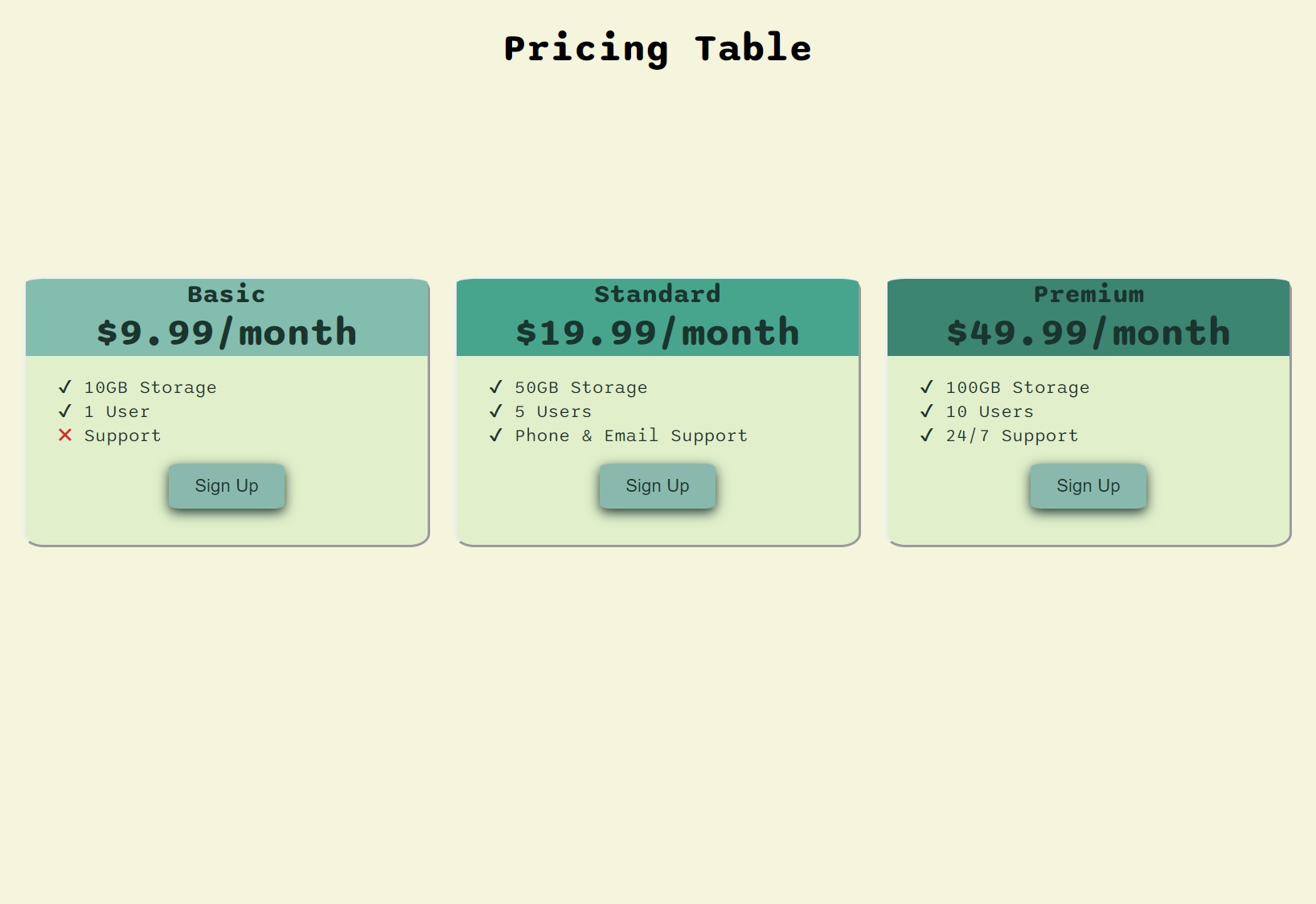 Flexbox pricing Table preview